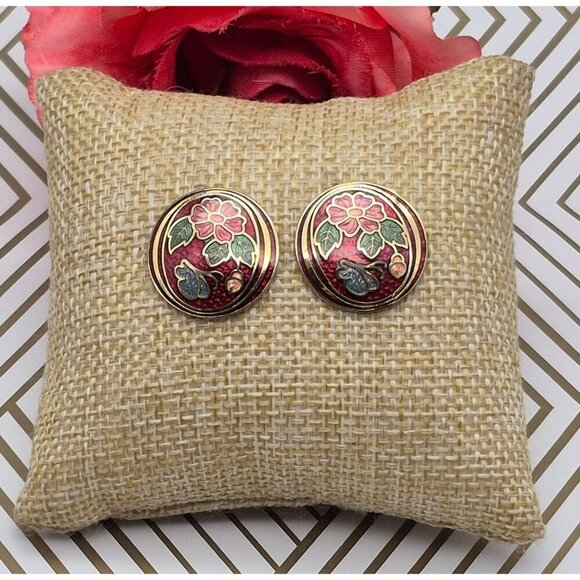 Beautiful Vintage Red & Gold Cloisonne Flower Butterfly Round Pierced Earrings - Picture 3 of 5